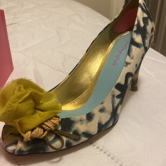 Jcrew raffia printed peep toes blue print - Picture 2 of 5